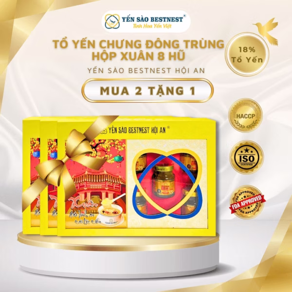 [Mua 2 Tặng 1] Yến Sào Bestnest Hội An - Tổ Yến Chưng Sẵn Đông Trùng 18% - Hộp Xuân 8 Hũ X 70Ml