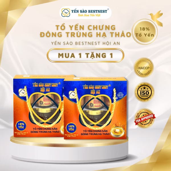 [Mua 1 Tặng 1] Yến Sào Bestnest Hội An - Tổ Yến Chưng Sẵn Đông Trùng 18% - Hộp Quai Xách 6 Hũ X 70Ml