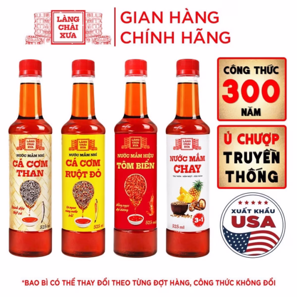 [Combo 4 Chai - 4 Vị] Nước Mắm Nhỉ Cá Cơm Than, Tôm Biển, Cá Cơm Ruột Đỏ, Chay 3 Trong 1 525Ml/Chai Nhựa - Làng Chài Xưa