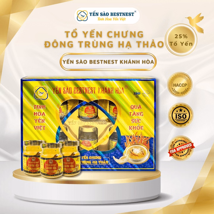 Yến Sào Bestnest Khánh Hoà - Tổ Yến Chưng Sẵn Đông Trùng Hạ Thảo 25% (Hộp 6 Hũ X 70Ml)